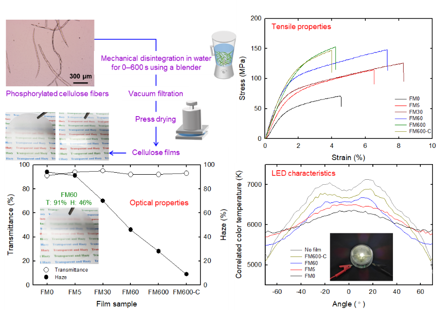 Mechanically robust, flame-retardant phosphorylated cellulose films with tunable optical properties for light management in LEDs